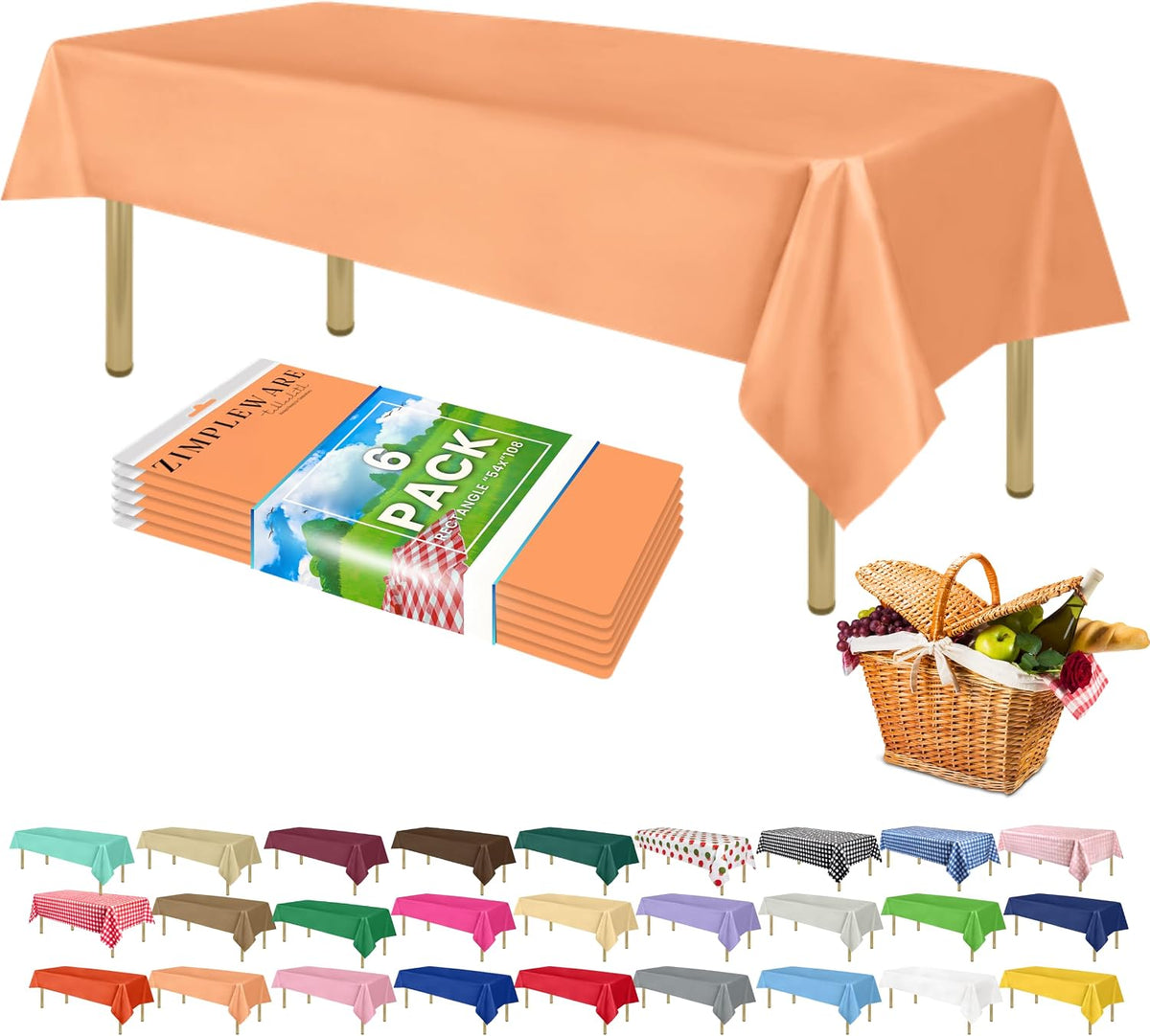 Premium Plastic Table Cloth Disposable 54" x 108" 6 Pack