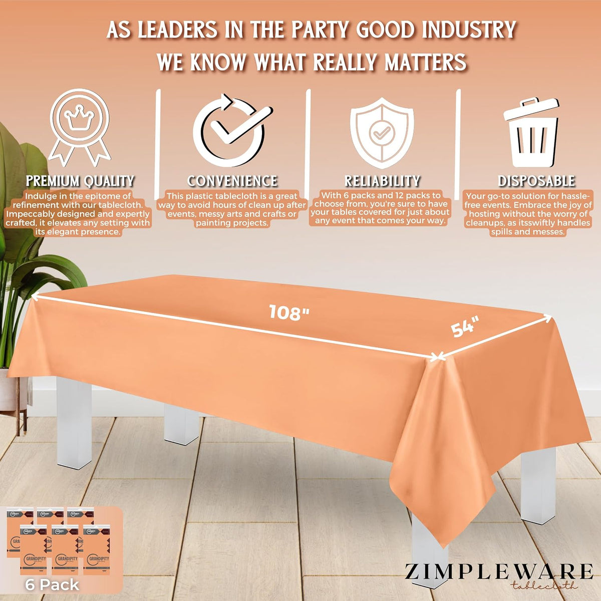 Premium Plastic Table Cloth Disposable 54" x 108" 6 Pack