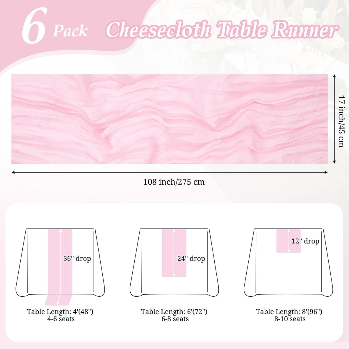 6 Pack Light Pink Cheesecloth Table Runner 17x108in Gauze Runners