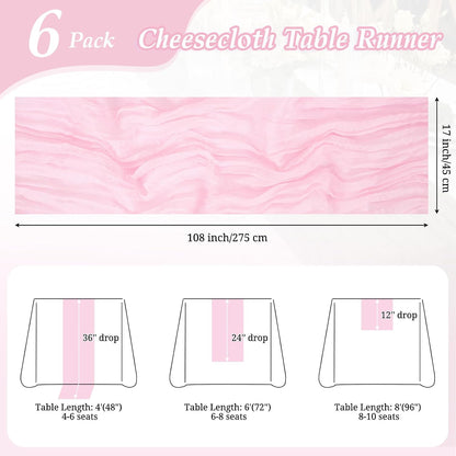 6 Pack Light Pink Cheesecloth Table Runner 17x108in Gauze Runners