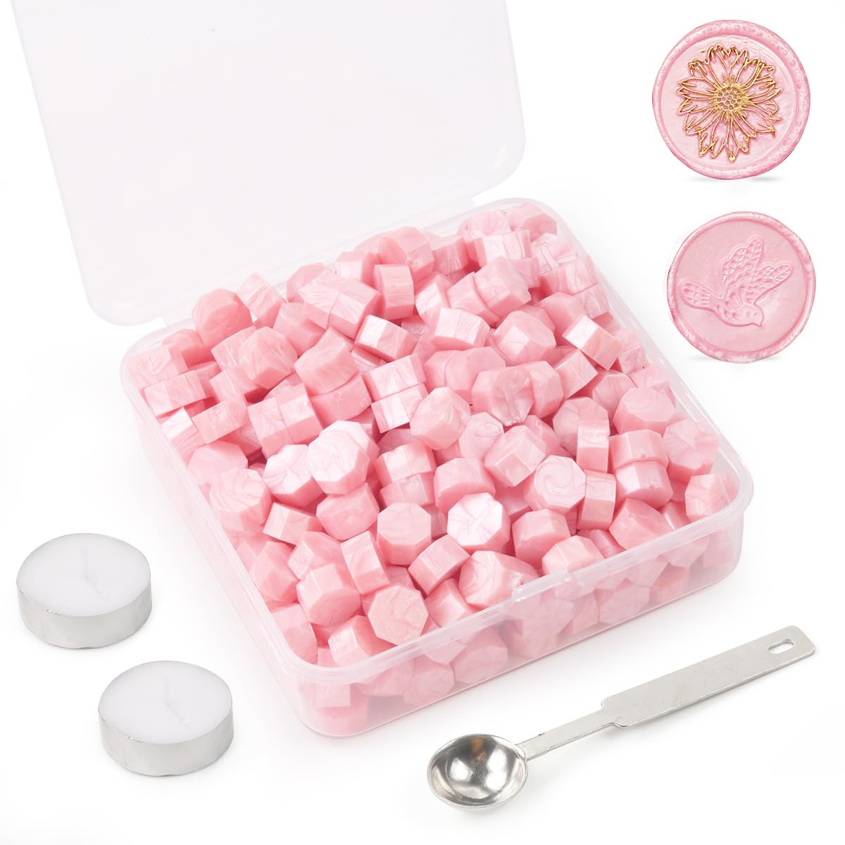 300Pcs Pearl Pink Sealing Wax Beads Set for Wax Seal Stamp with Candles and Melting Spoon，Perfect for Christmas Cards, Envelopes, Wedding Invitations, Wine Packages, Letter Sealing (Pearl Pink)