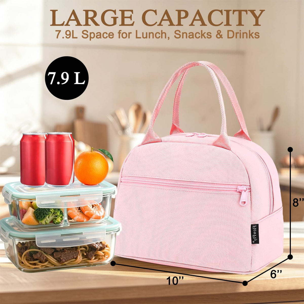 Lunch Bag Tote Bag Lunch Organizer Lunch Holder Insulated Lunch Cooler Bag for Women/Men,Pink, LB002-PK07