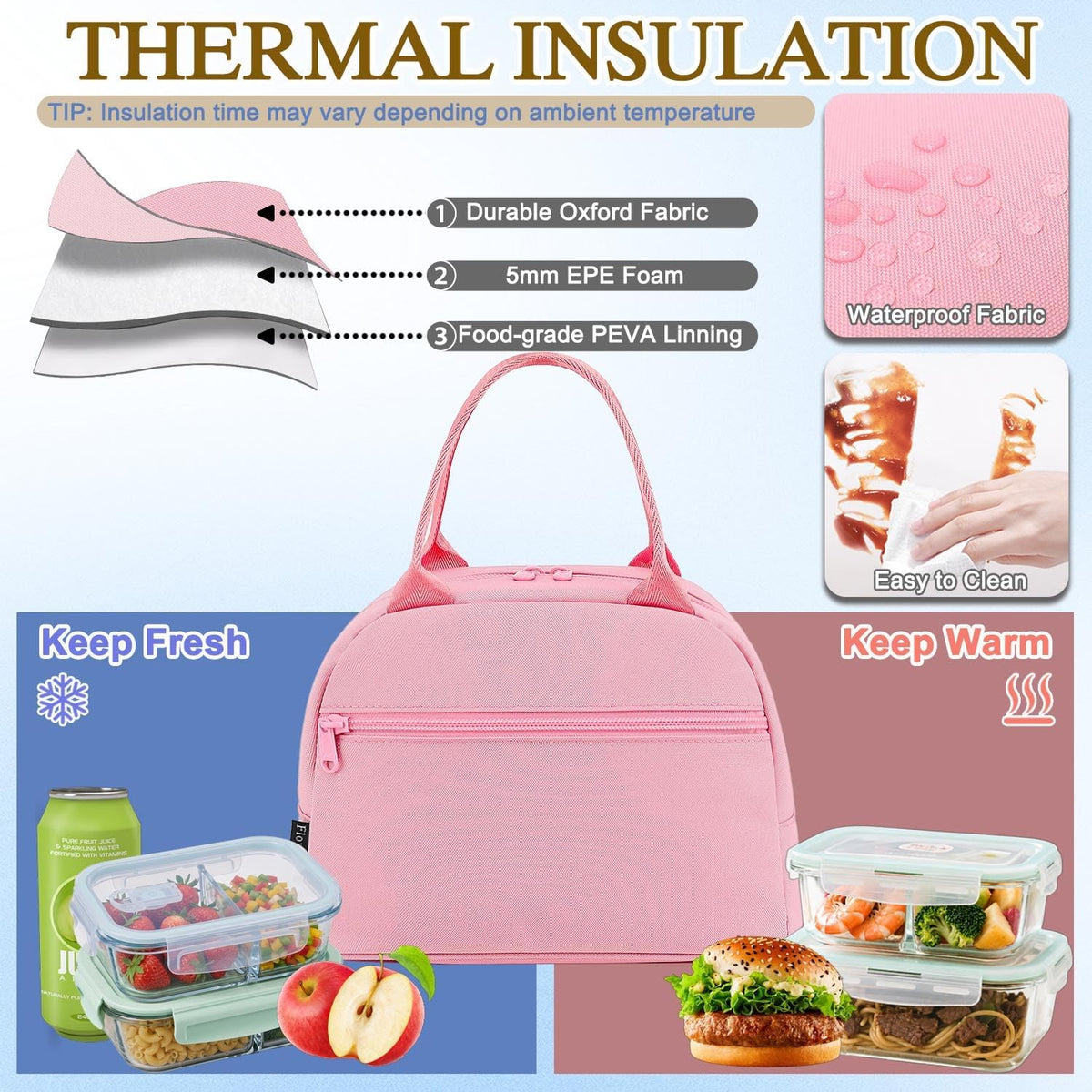 Lunch Bag Tote Bag Lunch Organizer Lunch Holder Insulated Lunch Cooler Bag for Women/Men,Pink, LB002-PK07