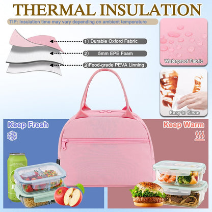 Lunch Bag Tote Bag Lunch Organizer Lunch Holder Insulated Lunch Cooler Bag for Women/Men,Pink, LB002-PK07