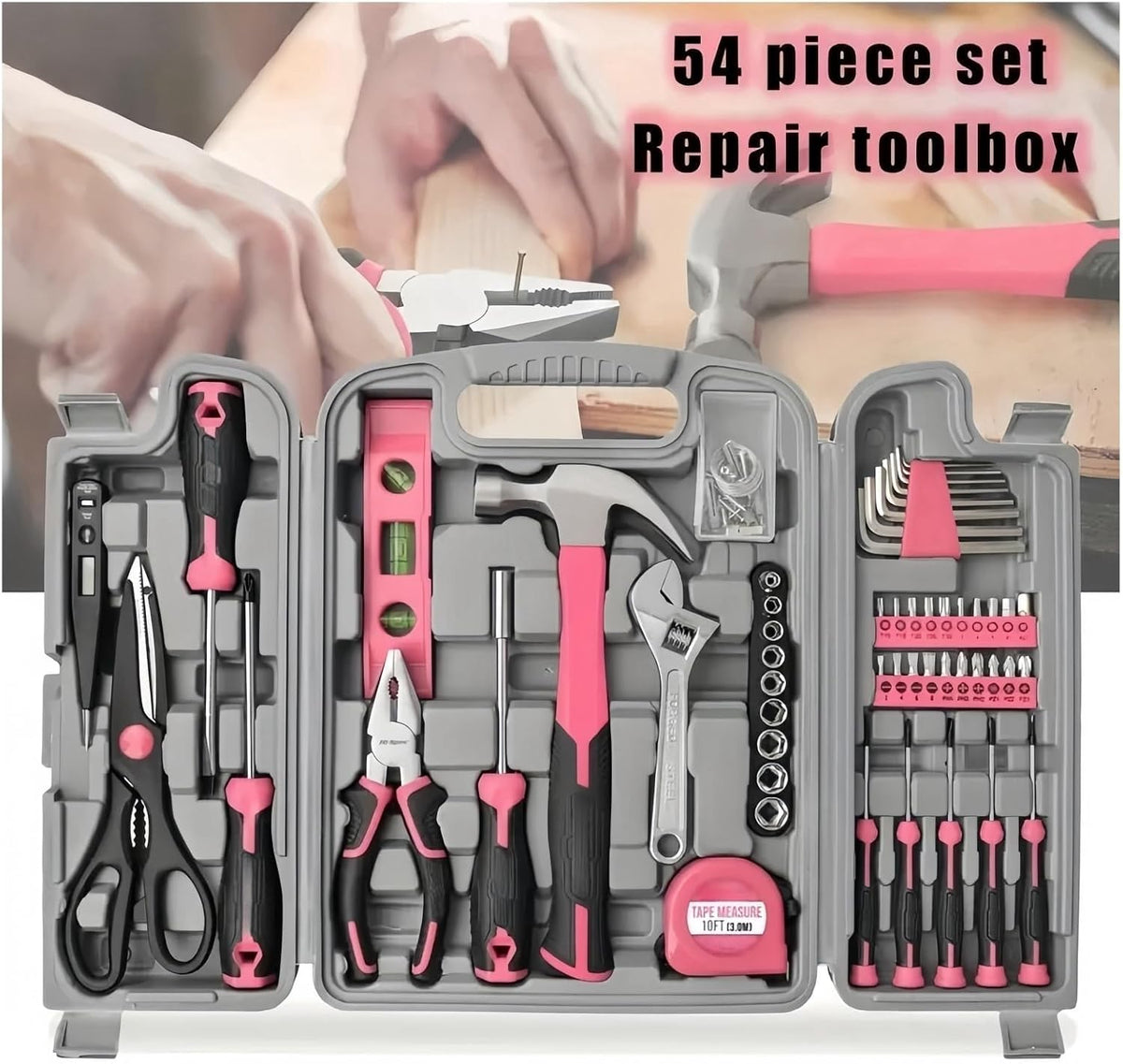 54pc Pink Home DIY Repair Tool Kit Set Women Ladies Beginner Complete Hand Tools in a Portable Toolbox Case Tool