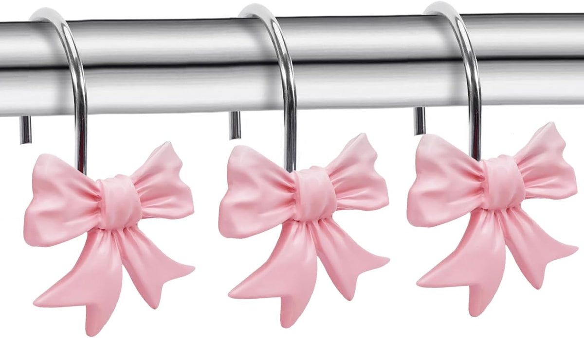 Decorative Shower Curtain Hooks, Bow Knot Shower Curtain Rings Hooks for Bathroom Baby Kids Room Rustproof Shower Hooks (Pink)