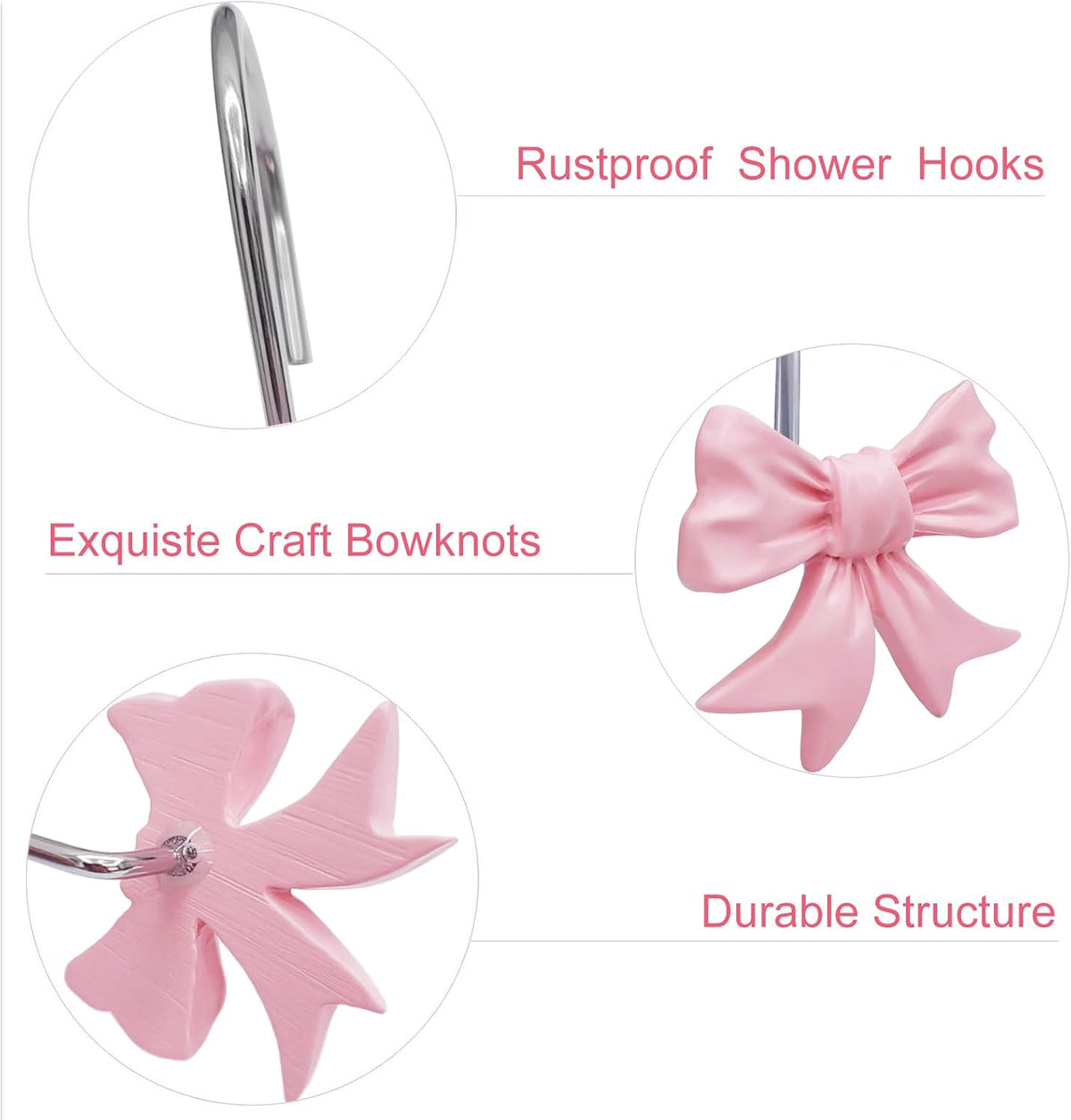 Decorative Shower Curtain Hooks, Bow Knot Shower Curtain Rings Hooks for Bathroom Baby Kids Room Rustproof Shower Hooks (Pink)