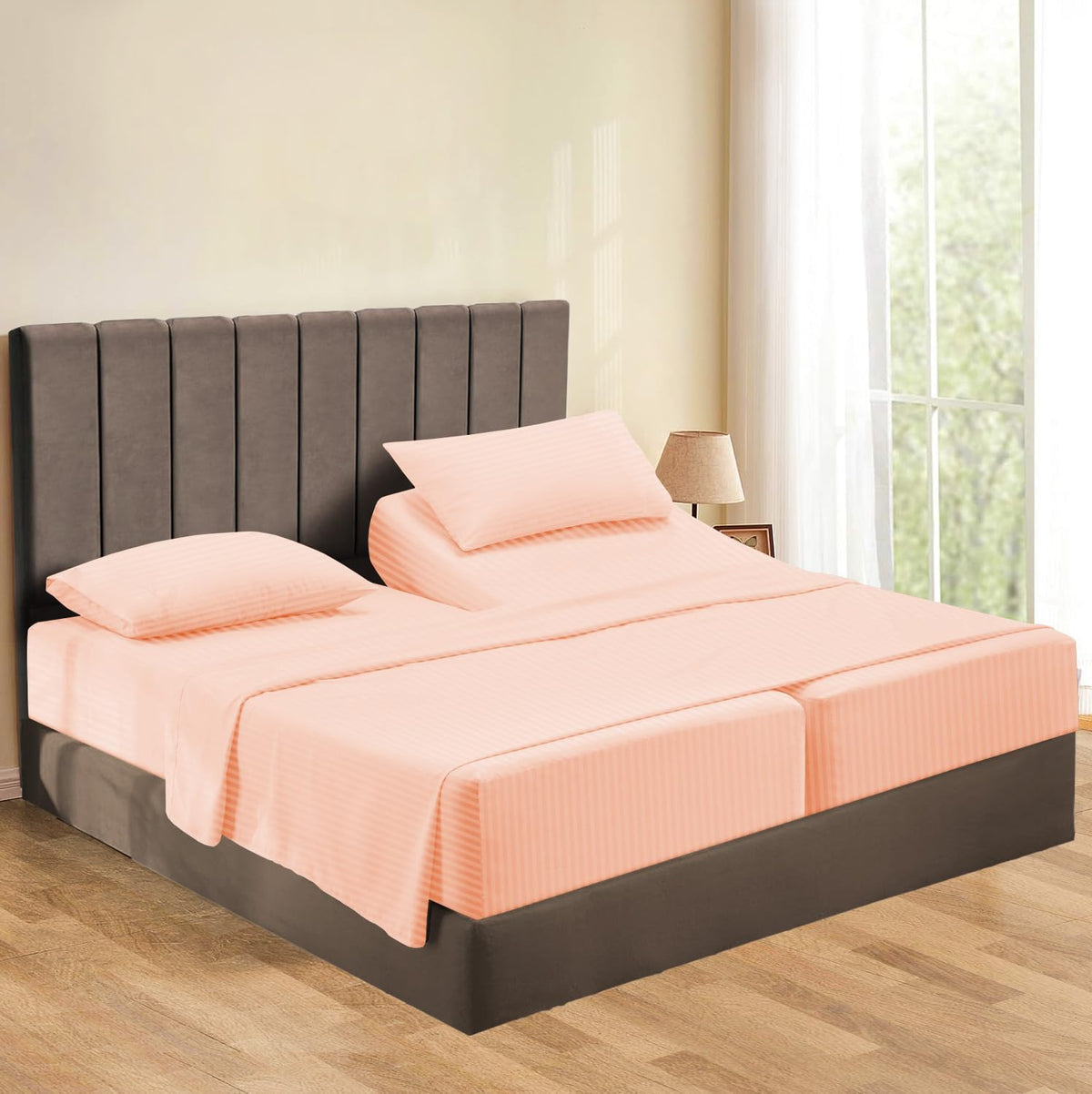Split Queen 5 Piece Sheet Set for Adjustable Bed - Egyptian Cotton, 1000 Thread Count, Breathable Luxury Sheets Fits 16-18" Deep Pocket (Stripe, Peach)