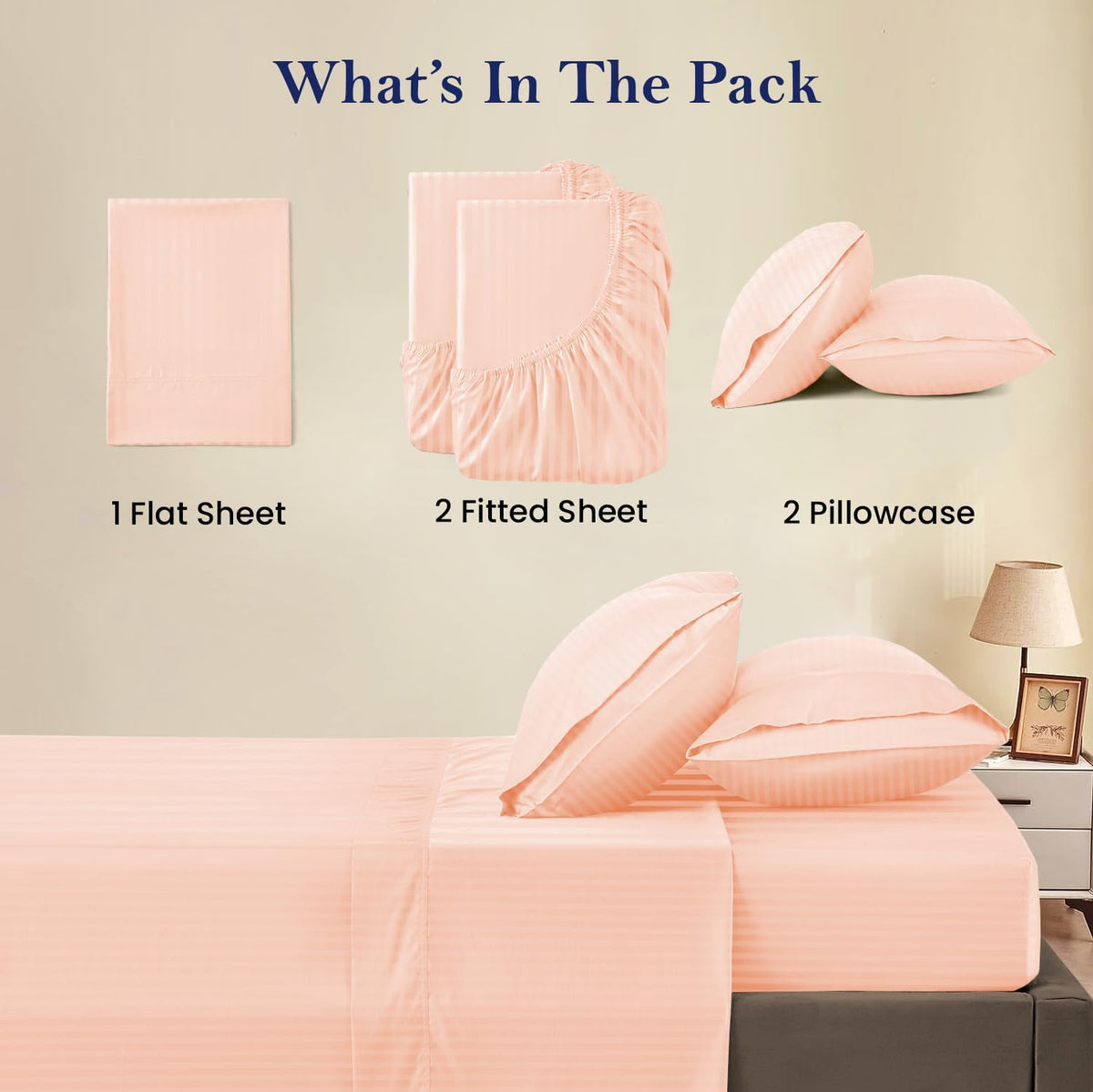 Split Queen 5 Piece Sheet Set for Adjustable Bed - Egyptian Cotton, 1000 Thread Count, Breathable Luxury Sheets Fits 16-18" Deep Pocket (Stripe, Peach)