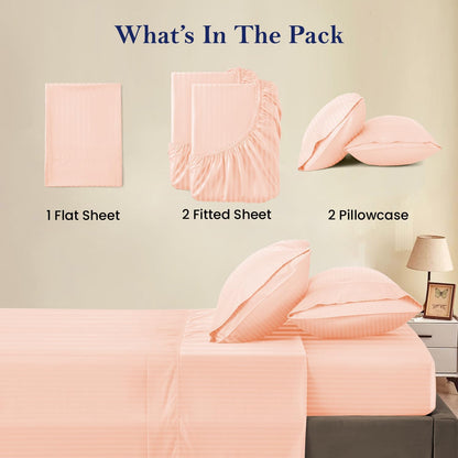 Split Queen 5 Piece Sheet Set for Adjustable Bed - Egyptian Cotton, 1000 Thread Count, Breathable Luxury Sheets Fits 16-18" Deep Pocket (Stripe, Peach)