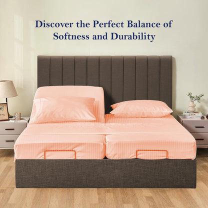 Split Queen 5 Piece Sheet Set for Adjustable Bed - Egyptian Cotton, 1000 Thread Count, Breathable Luxury Sheets Fits 16-18" Deep Pocket (Stripe, Peach)