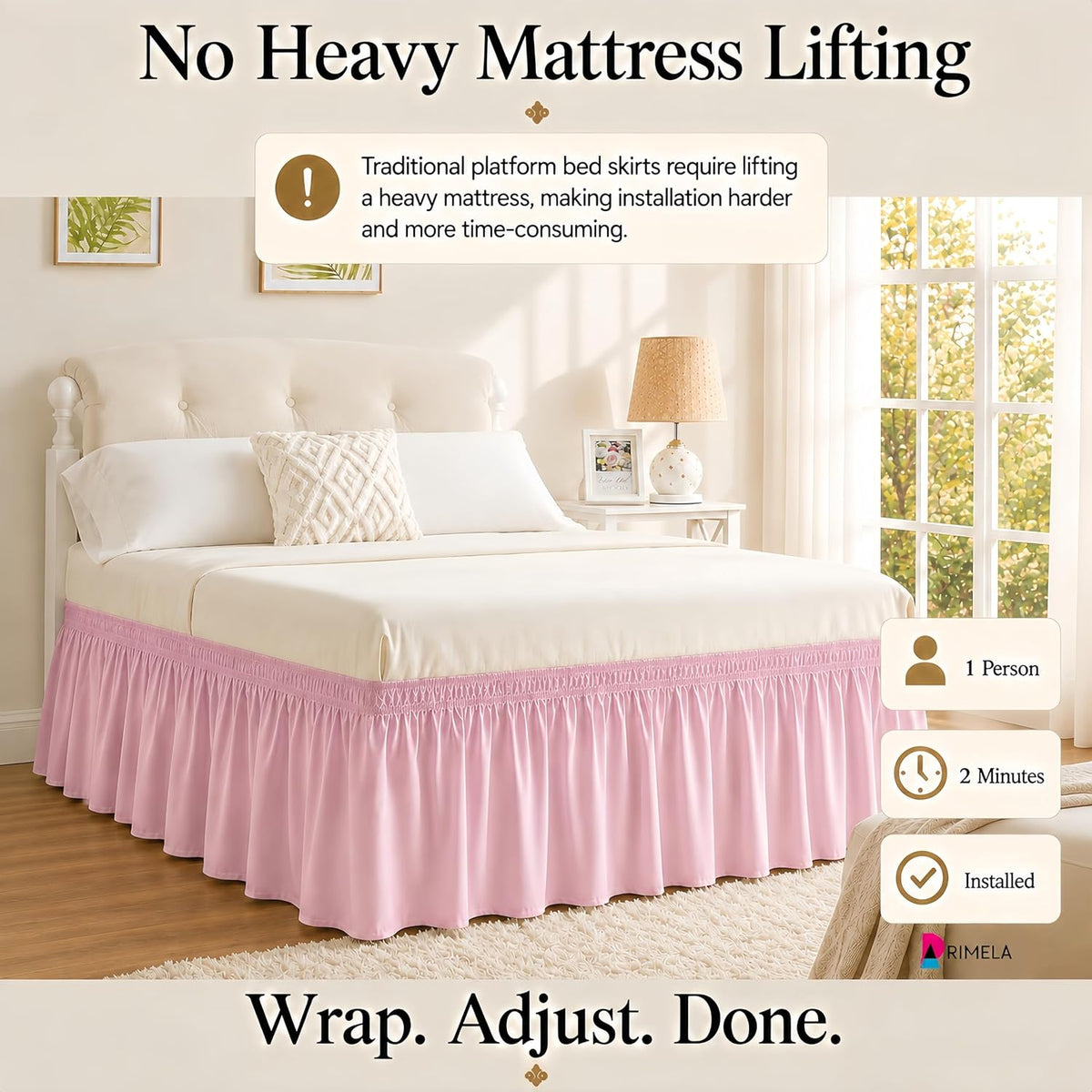 Dusty Pink Bed Skirt Queen Size 15" Drop, Elastic Wrap Around Bedskirt