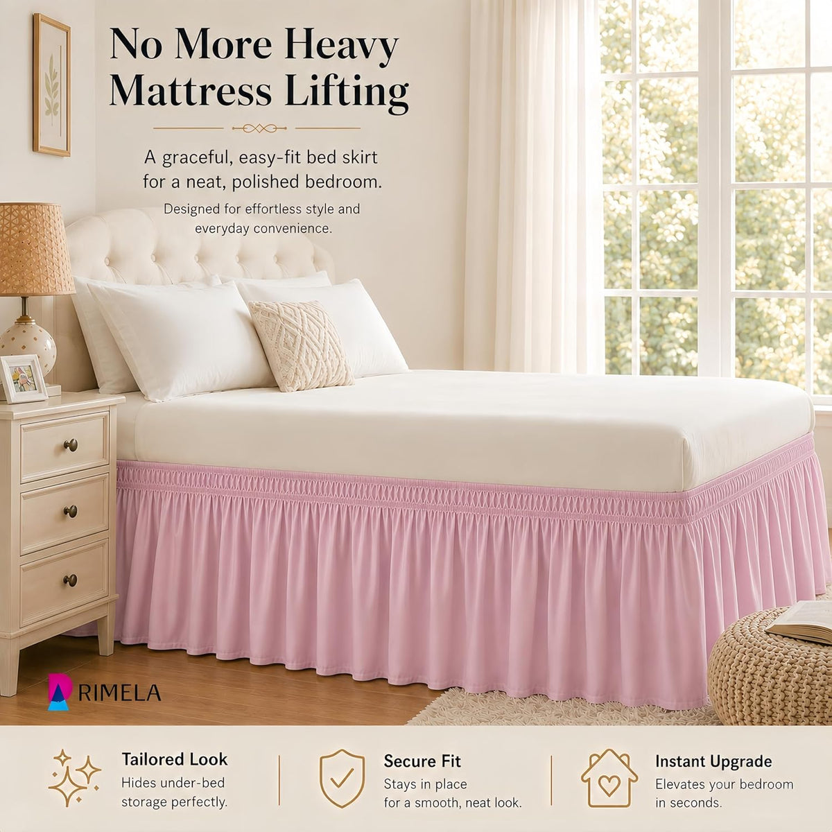 Dusty Pink Bed Skirt Queen Size 15" Drop, Elastic Wrap Around Bedskirt