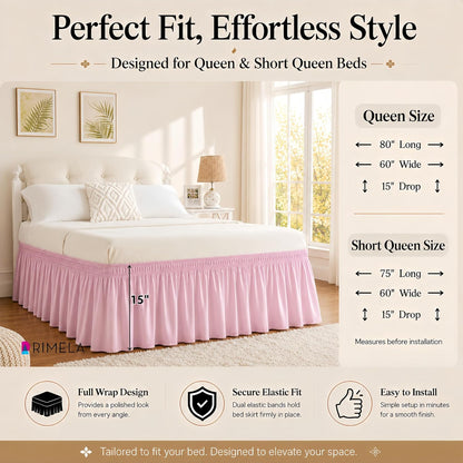 Dusty Pink Bed Skirt Queen Size 15" Drop, Elastic Wrap Around Bedskirt