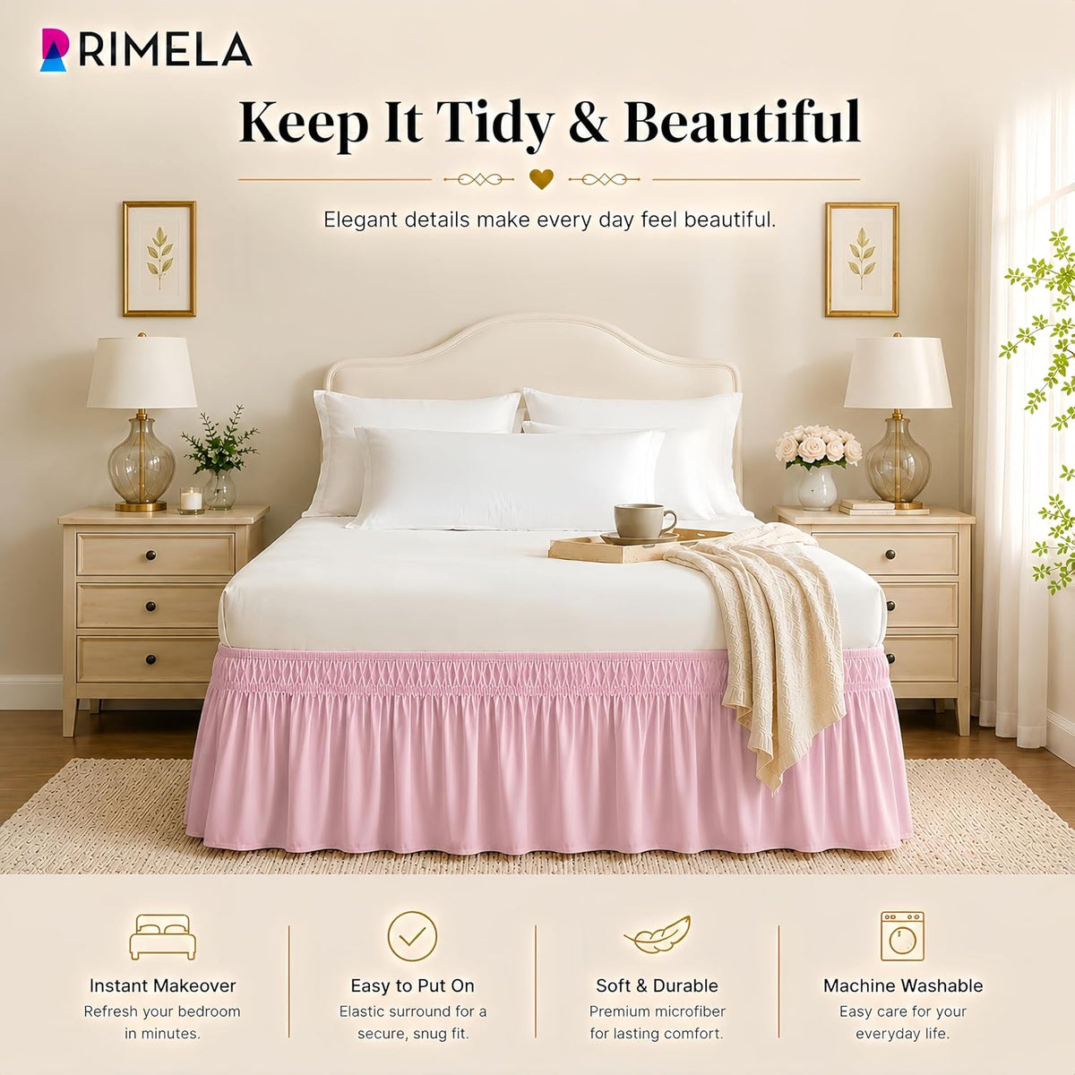 Dusty Pink Bed Skirt Queen Size 15" Drop, Elastic Wrap Around Bedskirt