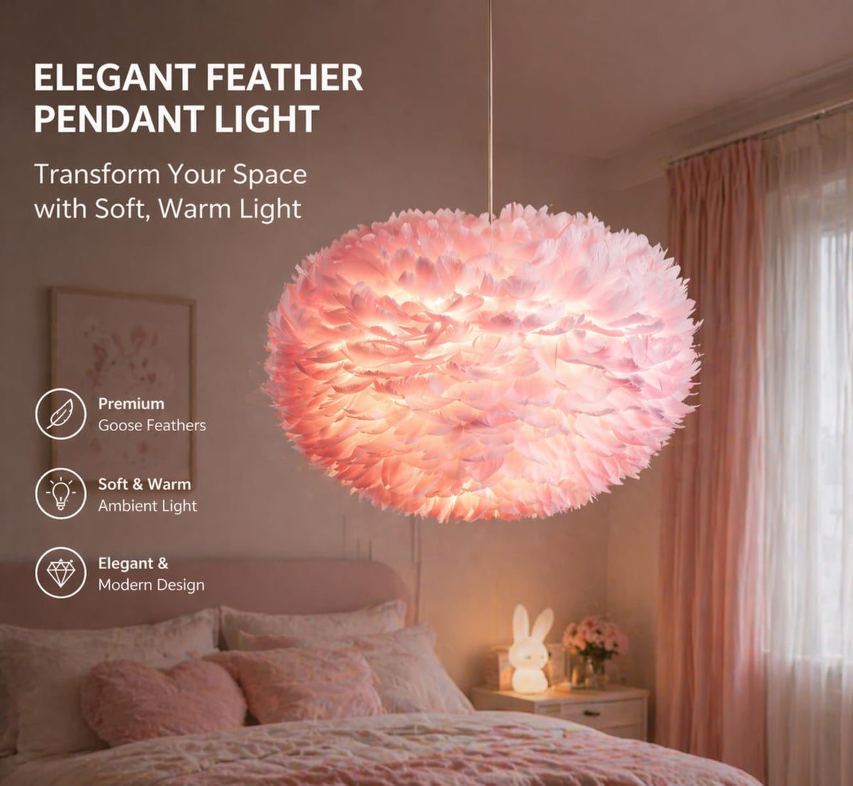 Pink Feather Chandeliers for Girls Room, 3 Lights Modern Romantic Ceiling Haning Lamp, Nordic Creative Art Feather Shade Chandelier, for Bedroom, Living Room, Dining Room, 17.7 inch