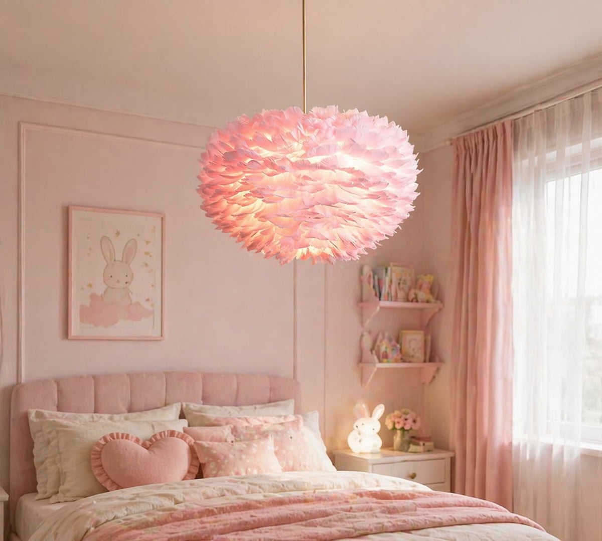 Pink Feather Chandeliers for Girls Room, 3 Lights Modern Romantic Ceiling Haning Lamp, Nordic Creative Art Feather Shade Chandelier, for Bedroom, Living Room, Dining Room, 17.7 inch