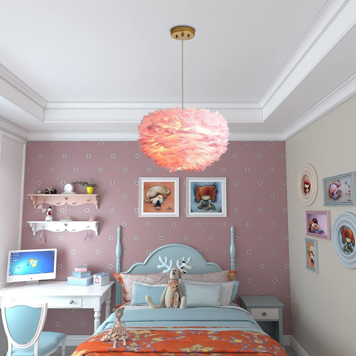 Pink Feather Chandeliers for Girls Room, 3 Lights Modern Romantic Ceiling Haning Lamp, Nordic Creative Art Feather Shade Chandelier, for Bedroom, Living Room, Dining Room, 17.7 inch