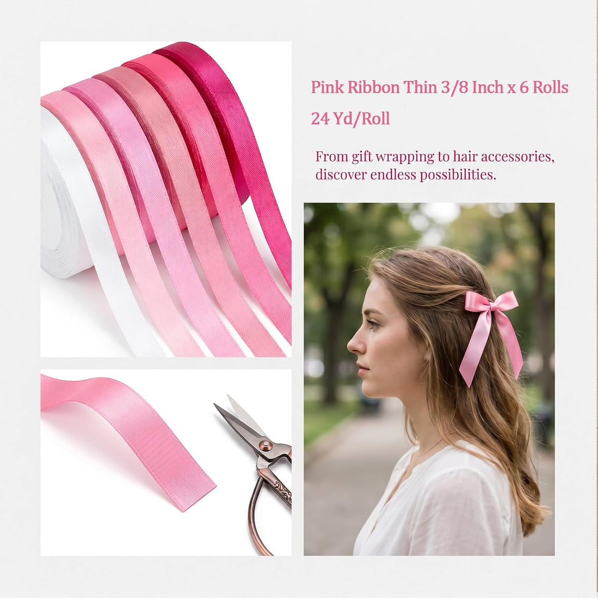 144 Yards Pink Ribbon Thin 3/8 Inch x 6 Rolls, 24 Yd/Roll Light Hot Baby Bright Pink Satin Fabric Silk Ribbon Set Liston Rosa Pastel Gift Wrap Ribbons for Crafts Bows Flower Bouquet Balloons