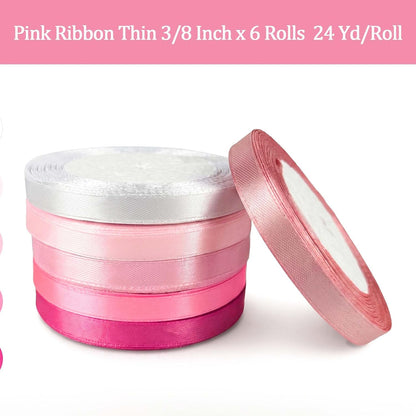 144 Yards Pink Ribbon Thin 3/8 Inch x 6 Rolls, 24 Yd/Roll Light Hot Baby Bright Pink Satin Fabric Silk Ribbon Set Liston Rosa Pastel Gift Wrap Ribbons for Crafts Bows Flower Bouquet Balloons