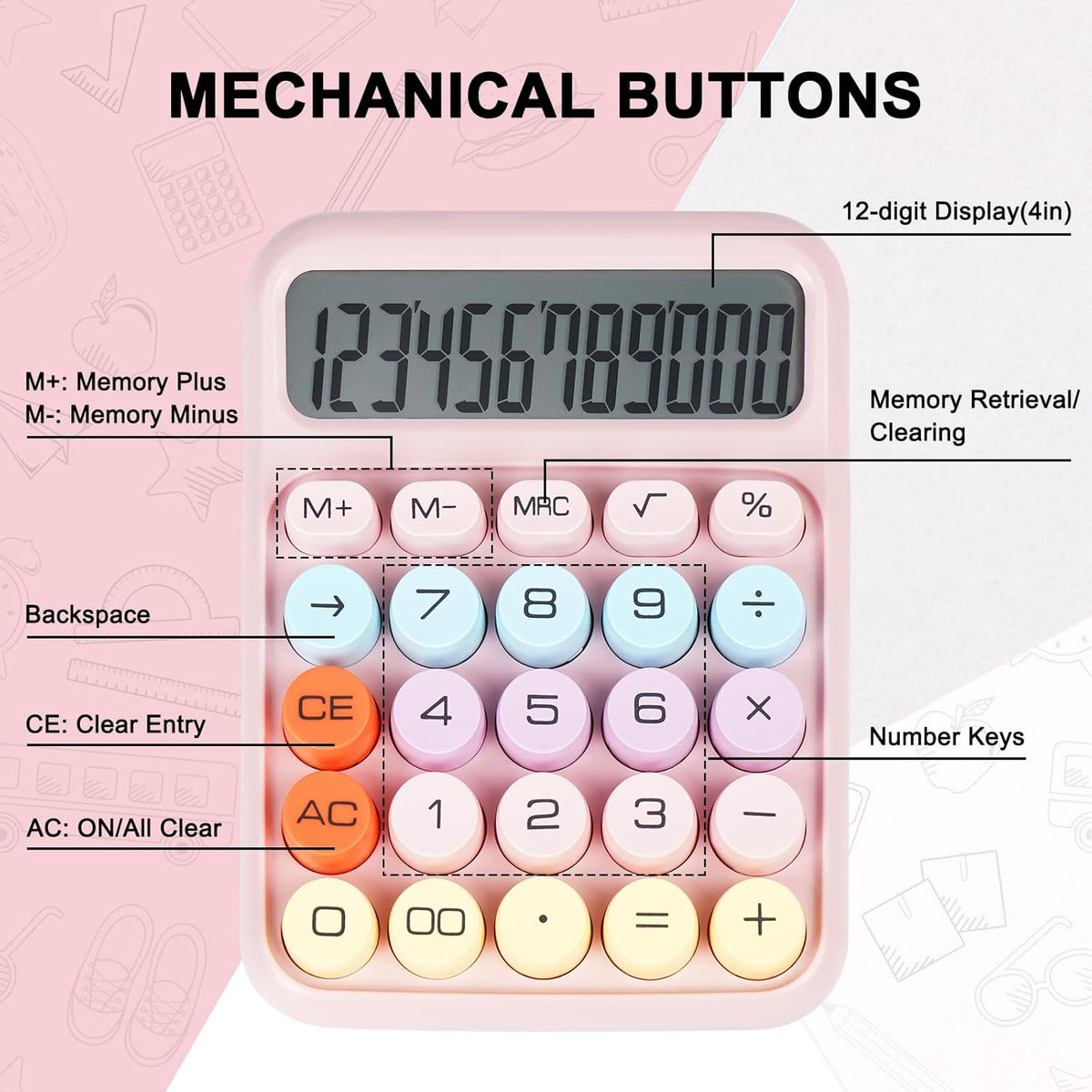 Mechanical Switch Calculator with Big Buttons, Calculators Desktop, 12 Digits, Large LCD Display, Desk Calculator, Cute Pink Calculators for Teachers Students Basic Office (Pink)