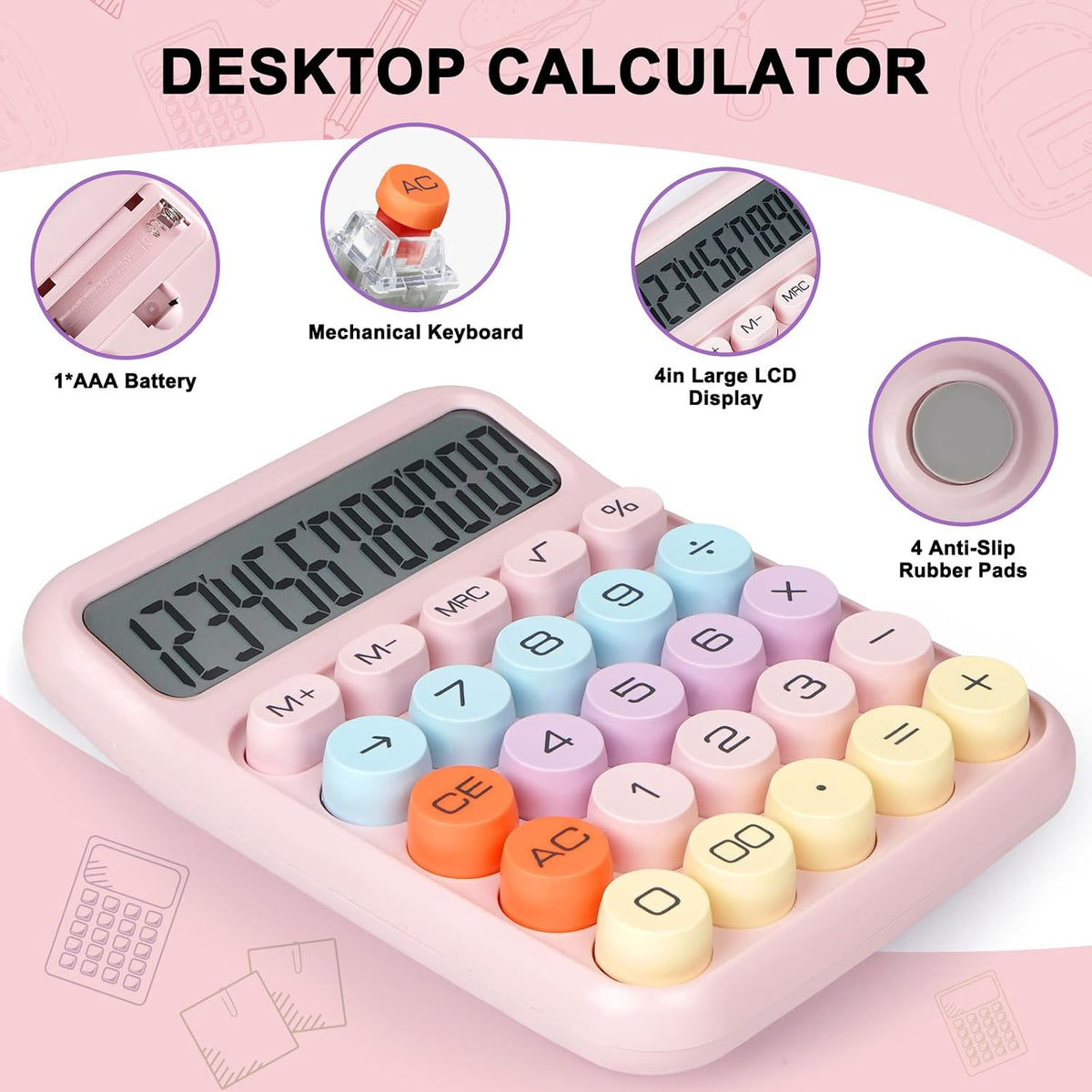 Mechanical Switch Calculator with Big Buttons, Calculators Desktop, 12 Digits, Large LCD Display, Desk Calculator, Cute Pink Calculators for Teachers Students Basic Office (Pink)