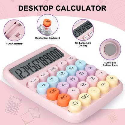 Mechanical Switch Calculator with Big Buttons, Calculators Desktop, 12 Digits, Large LCD Display, Desk Calculator, Cute Pink Calculators for Teachers Students Basic Office (Pink)