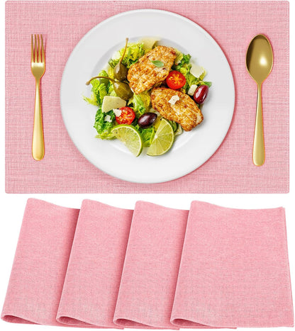 Cloth Placemats, Set of 4 Heat-Resistant Cotton Linen Blend Double Layered Machine Washable Place Mats, Wrinkle Free Thick Fabric Dining Table Mats for Indoors & Outdoors (Baby Pink, 4)