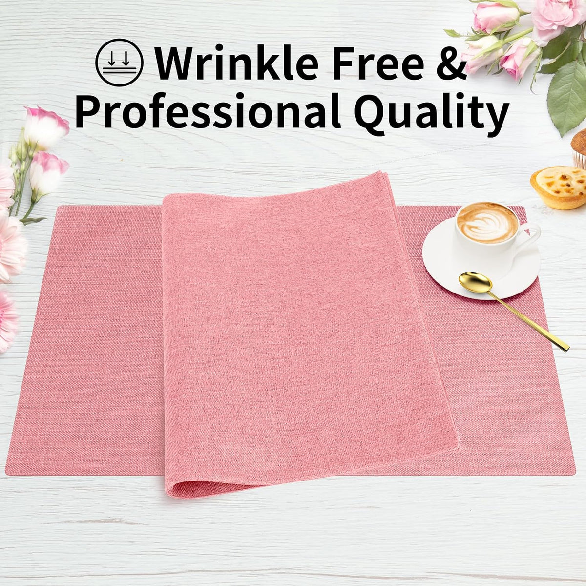 Cloth Placemats, Set of 4 Heat-Resistant Cotton Linen Blend Double Layered Machine Washable Place Mats, Wrinkle Free Thick Fabric Dining Table Mats for Indoors & Outdoors (Baby Pink, 4)