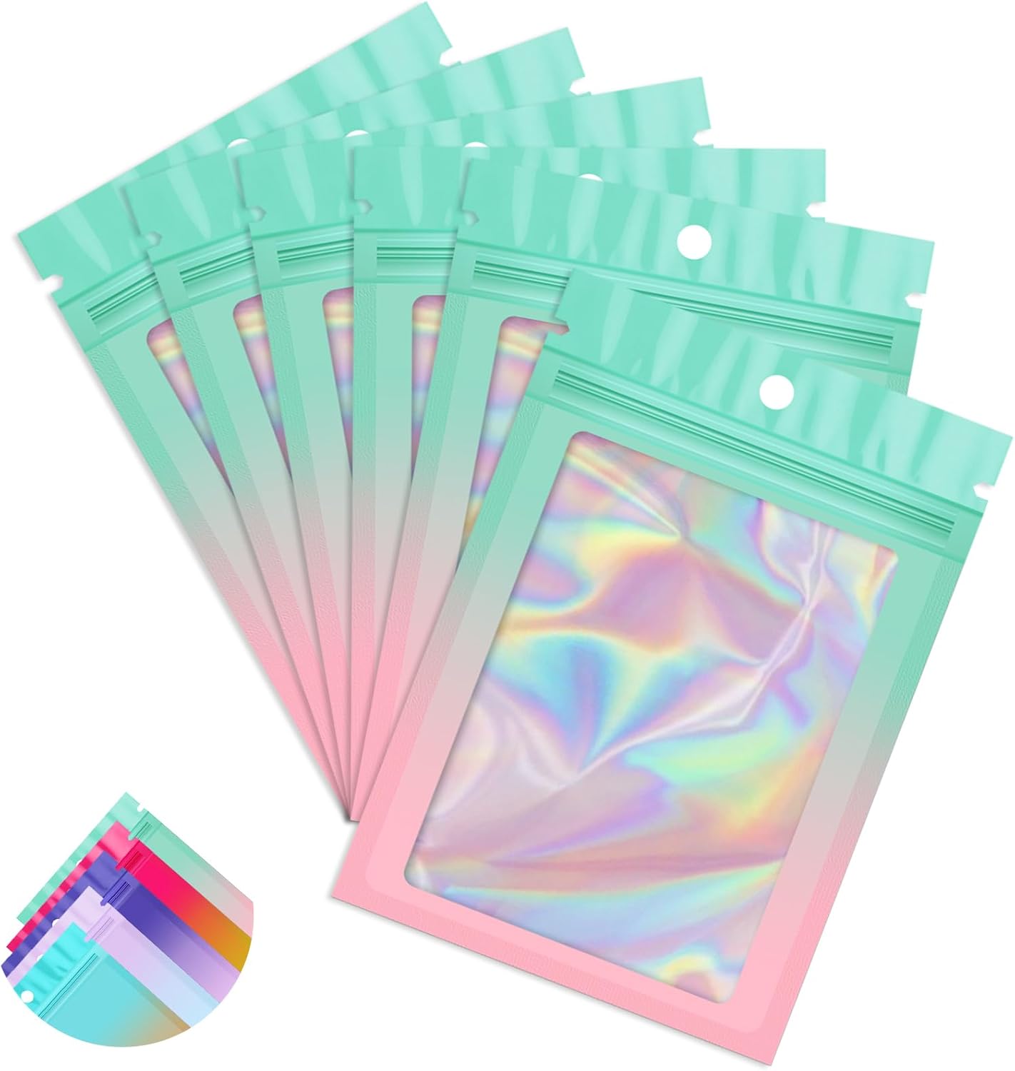 100 Pack Gradient Holographic Bags,Mylar Resealable Bags with Zipper,Clear Window Packaging Pouchs,Smell Proof Foil Bag for Food Storage,Sample Jewelry Bag(2.7x3.9In,Green Pink)