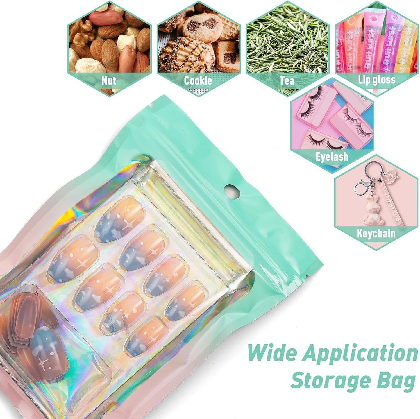 100 Pack Gradient Holographic Bags,Mylar Resealable Bags with Zipper,Clear Window Packaging Pouchs,Smell Proof Foil Bag for Food Storage,Sample Jewelry Bag(2.7x3.9In,Green Pink)