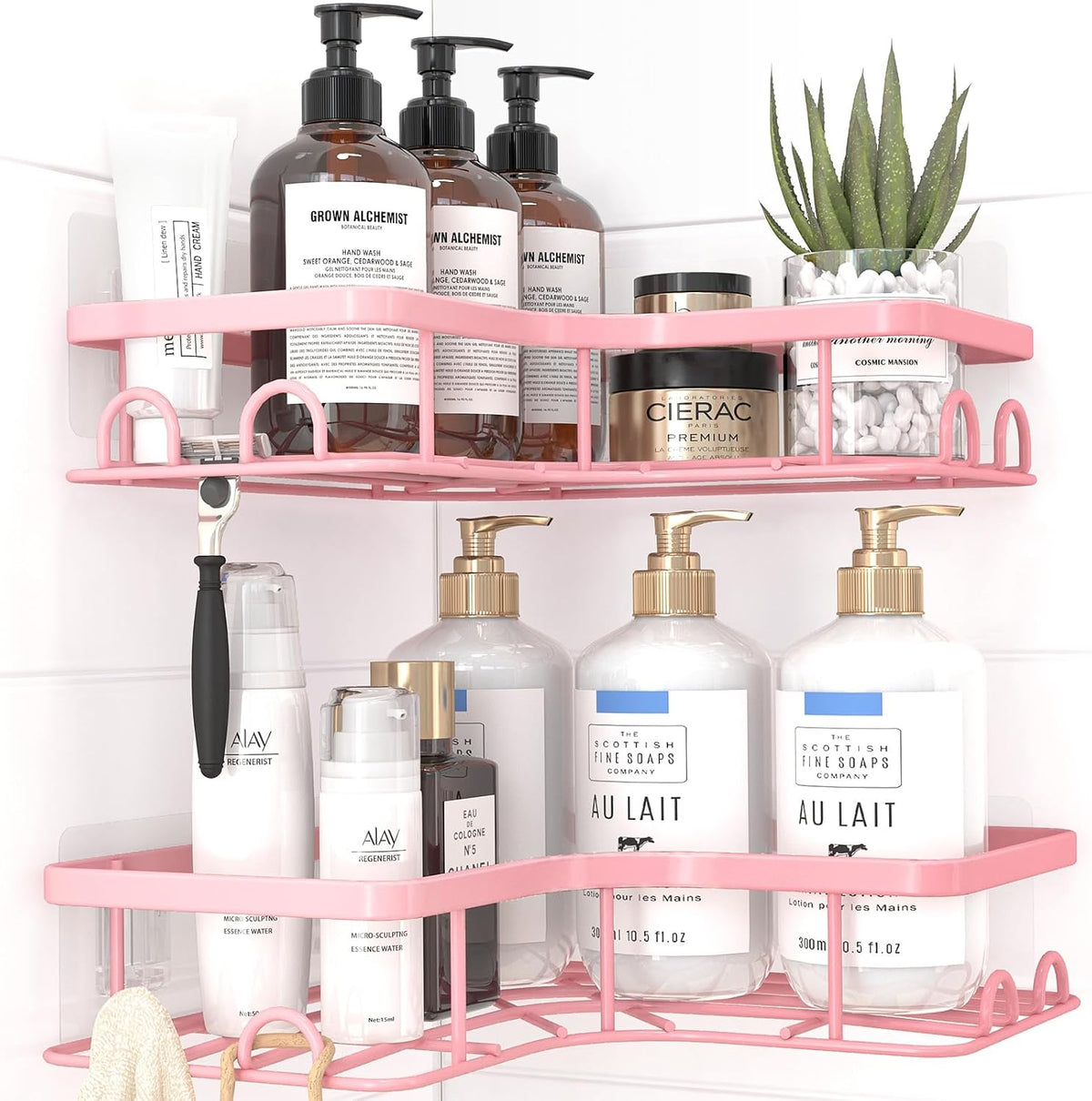 Corner Shower Caddy - 2 Pack, Adhesive Shower Organizers, Rustproof Stainless Steel Shower Shelves with 8 Hooks, No Drilling Bathroom Organizers and Storage Racks, Space-Saving, Pink, Medium