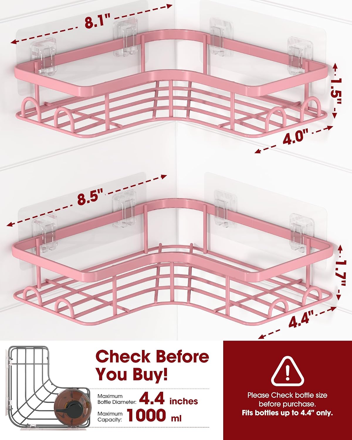 Corner Shower Caddy - 2 Pack, Adhesive Shower Organizers, Rustproof Stainless Steel Shower Shelves with 8 Hooks, No Drilling Bathroom Organizers and Storage Racks, Space-Saving, Pink, Medium