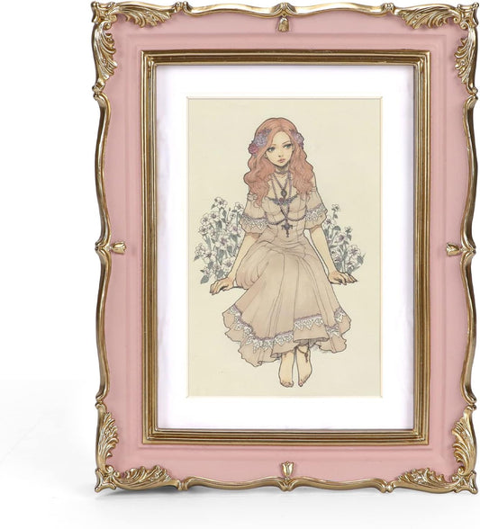 Vintage Picture Frame 5x7 with Mat for 4x6 Photo, Pink Gold