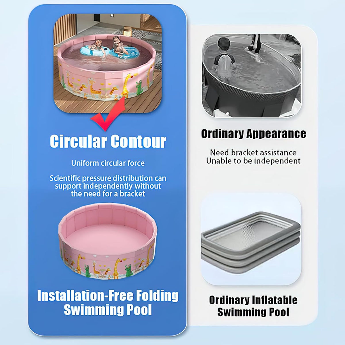 Folding Non Inflatable Swimming Pool, Home Swimming Pool, Mesh PVC Material, Suitable for Backyard Swimming Pool (Pink, 35inch)