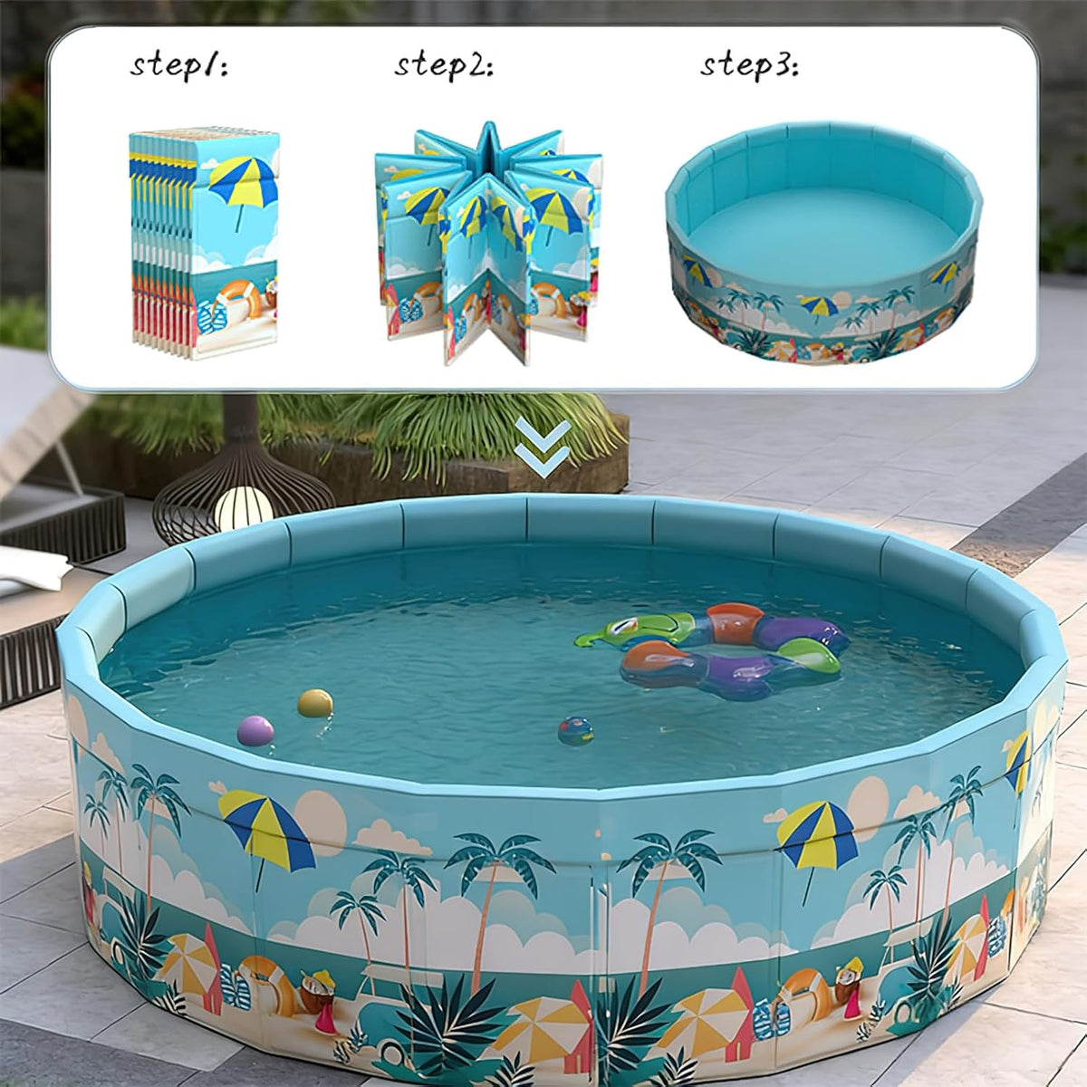 Folding Non Inflatable Swimming Pool, Home Swimming Pool, Mesh PVC Material, Suitable for Backyard Swimming Pool (Pink, 35inch)
