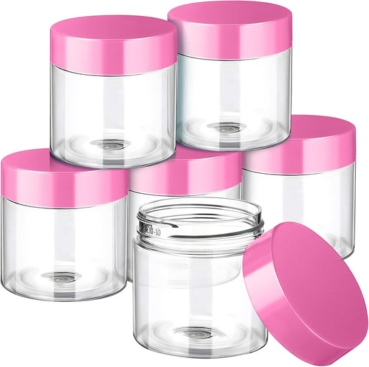 6 Pack 1 Oz Plastic Jars Containers with Lids Wide Mouth Pink
