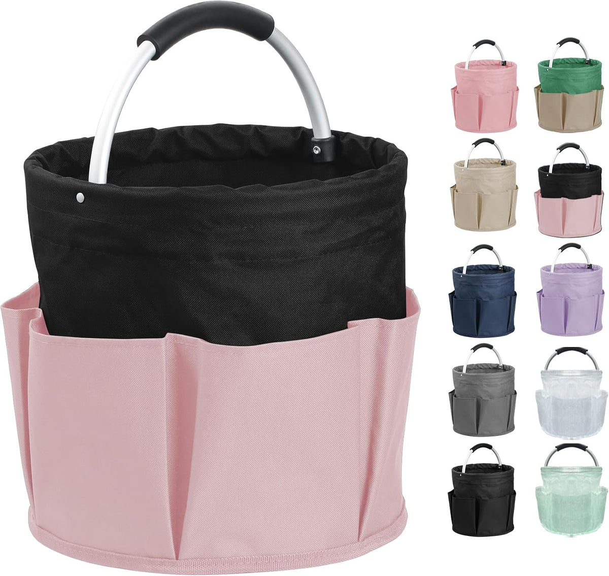 17L Cleaning Supply Caddy for Family, Portable Shower Caddy with Handle and 6 Pockets, Foldable Tool Bucket Organizer, Large Storage Basket for Camping, Gardening, Black with Pink