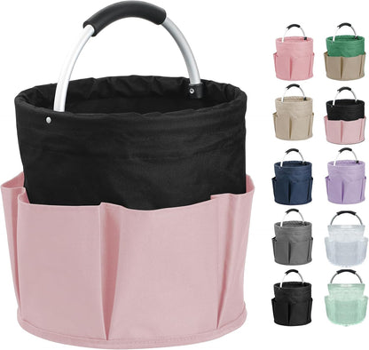 17L Cleaning Supply Caddy for Family, Portable Shower Caddy with Handle and 6 Pockets, Foldable Tool Bucket Organizer, Large Storage Basket for Camping, Gardening, Black with Pink