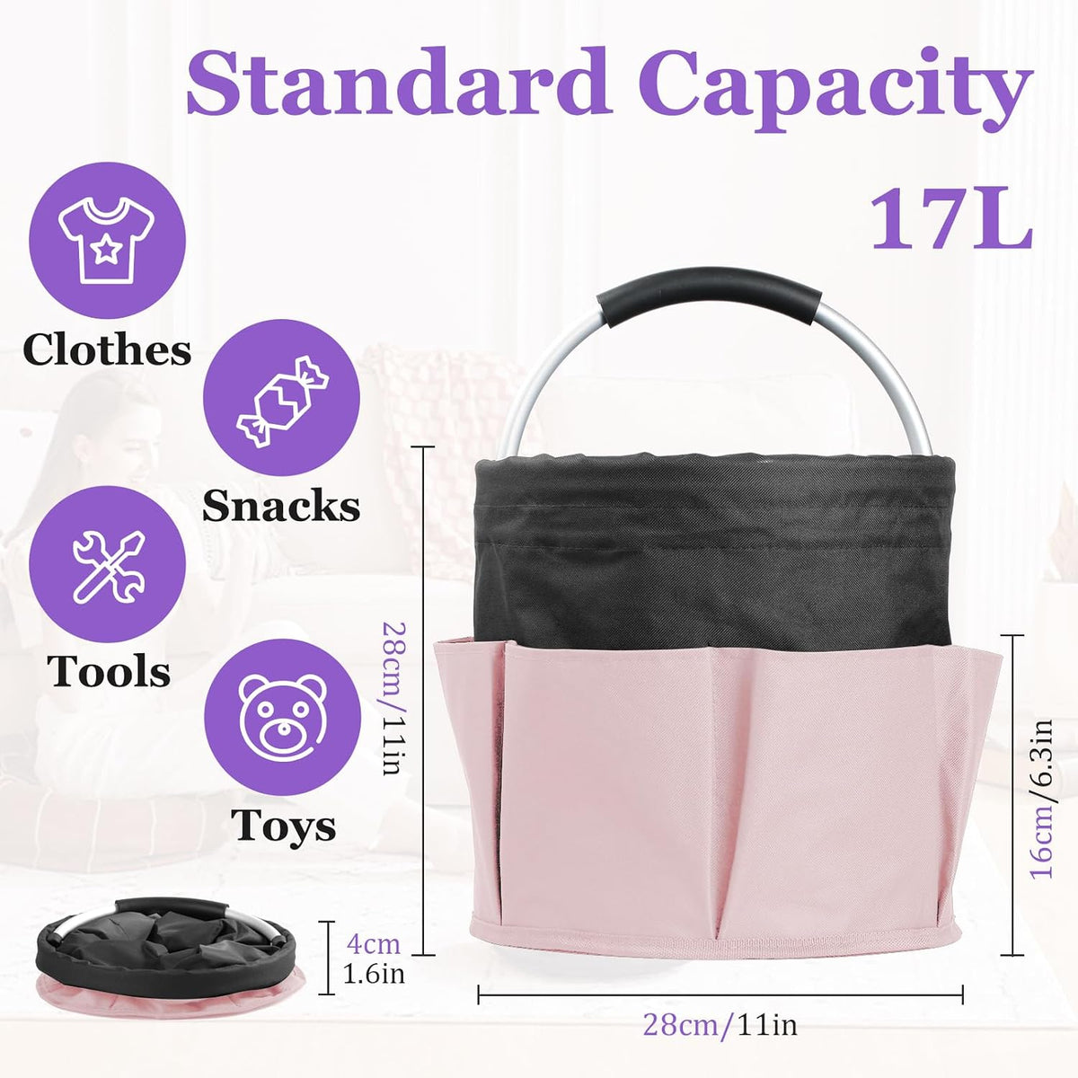 17L Cleaning Supply Caddy for Family, Portable Shower Caddy with Handle and 6 Pockets, Foldable Tool Bucket Organizer, Large Storage Basket for Camping, Gardening, Black with Pink