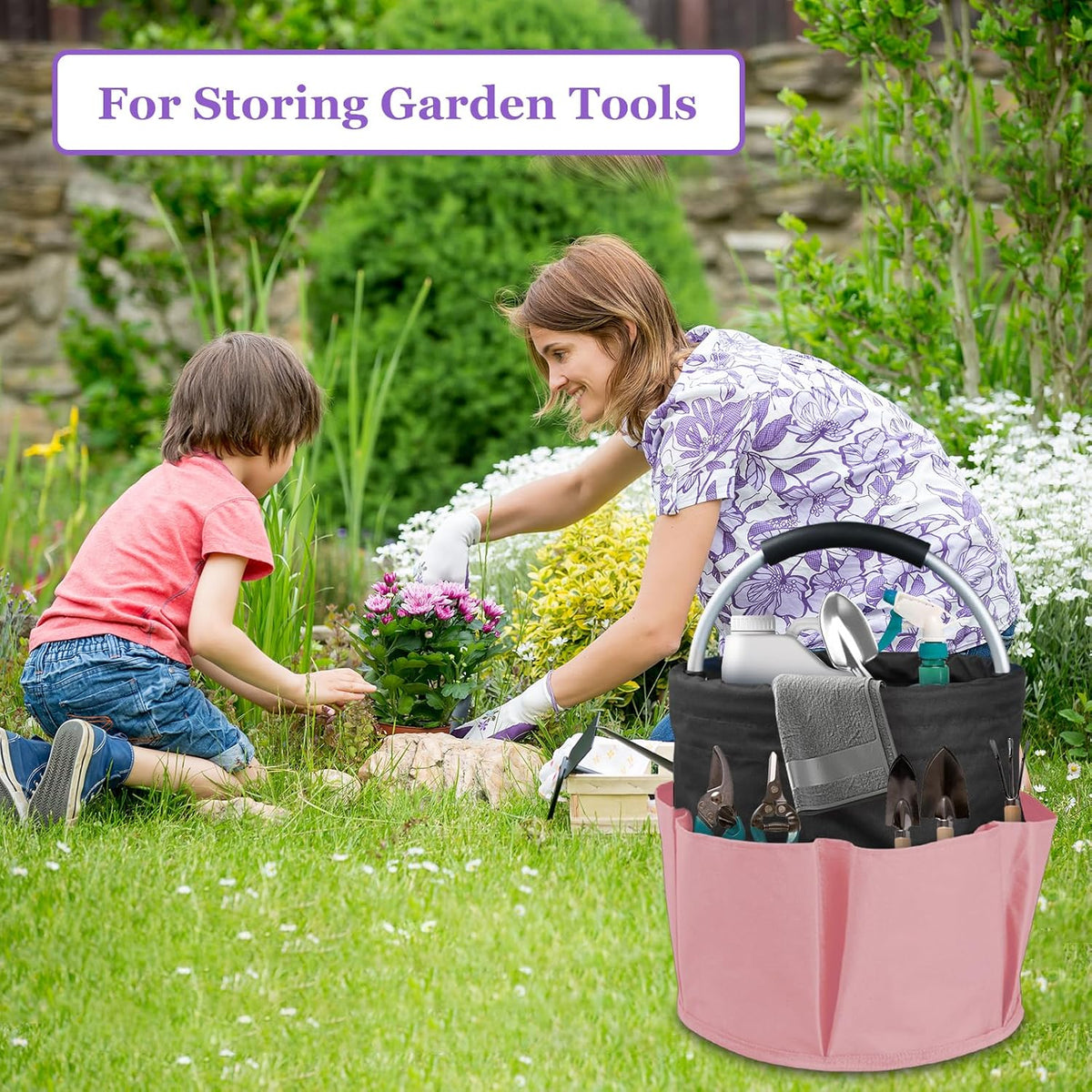 17L Cleaning Supply Caddy for Family, Portable Shower Caddy with Handle and 6 Pockets, Foldable Tool Bucket Organizer, Large Storage Basket for Camping, Gardening, Black with Pink