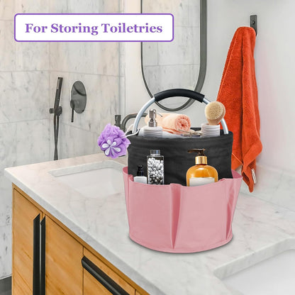 17L Cleaning Supply Caddy for Family, Portable Shower Caddy with Handle and 6 Pockets, Foldable Tool Bucket Organizer, Large Storage Basket for Camping, Gardening, Black with Pink