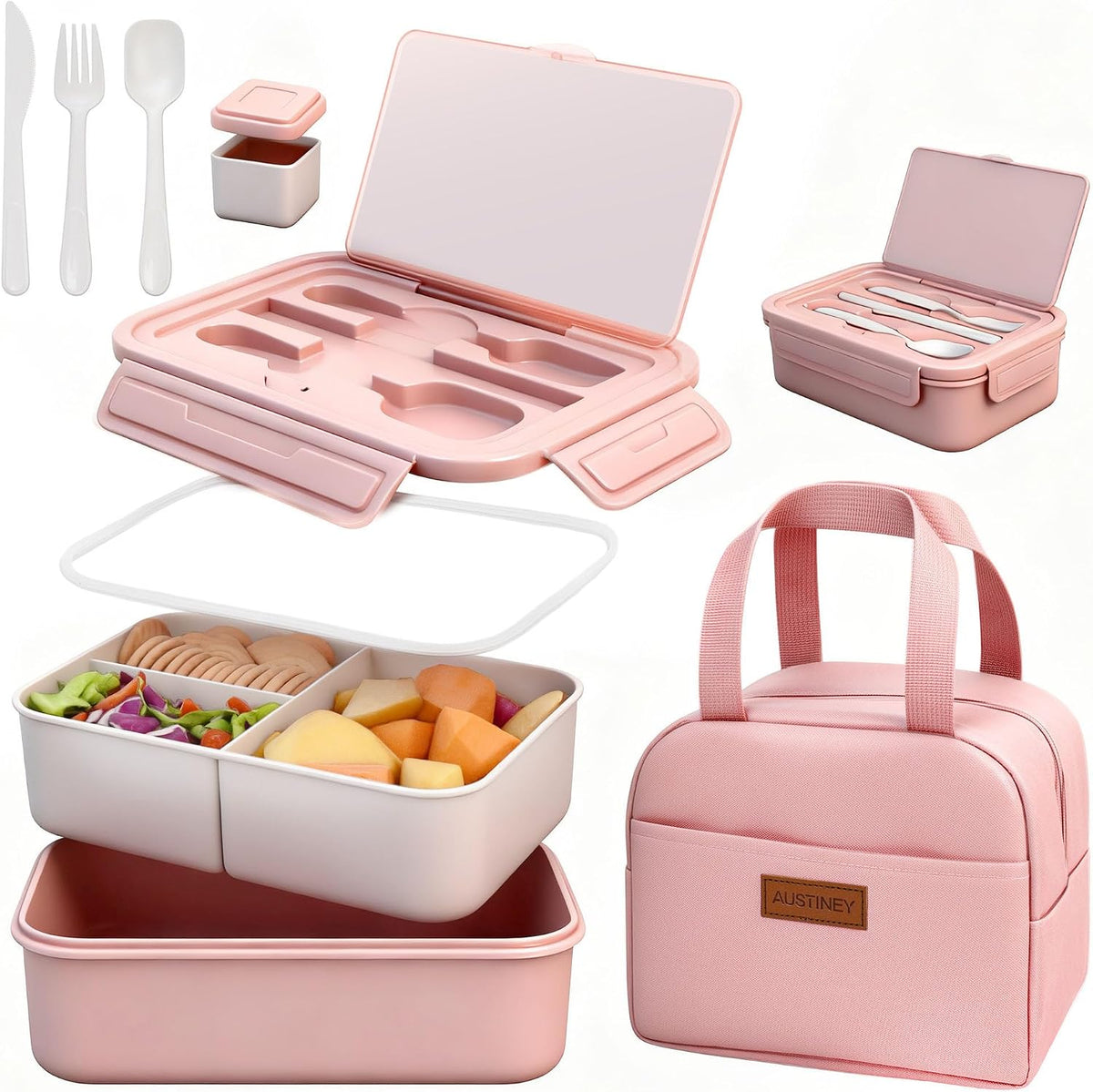 Bento Box with Lunch Bag for Women & Girls, 1100ml BPA-Free Pink