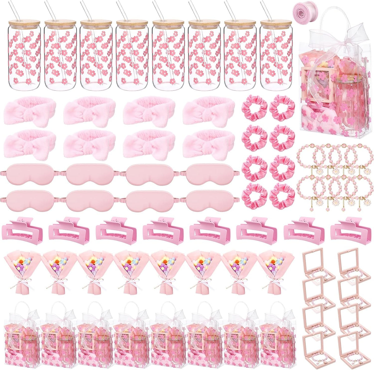8 Set Spa Sleepover Party Supplies Bulk Women,Cherry Blossoms,Pink