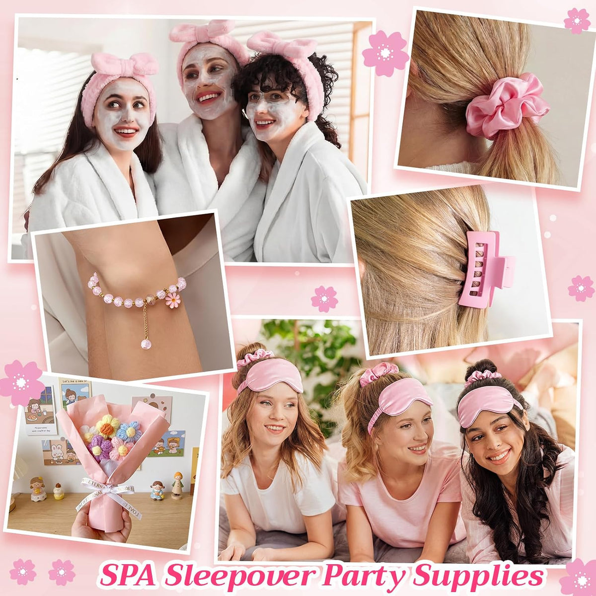 8 Set Spa Sleepover Party Supplies Bulk Women,Cherry Blossoms,Pink