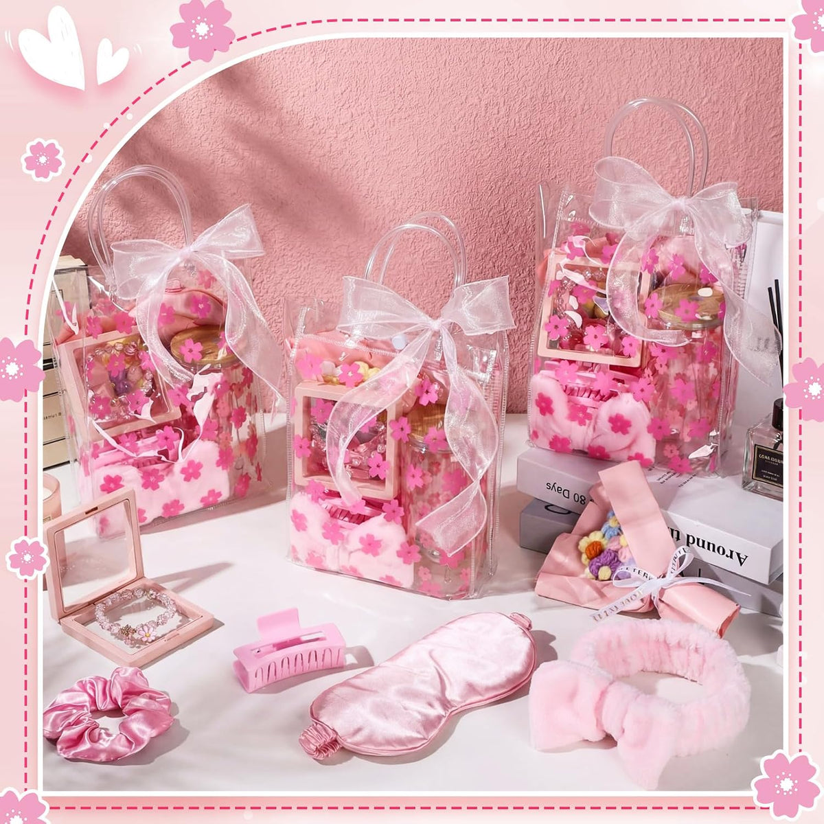 8 Set Spa Sleepover Party Supplies Bulk Women,Cherry Blossoms,Pink