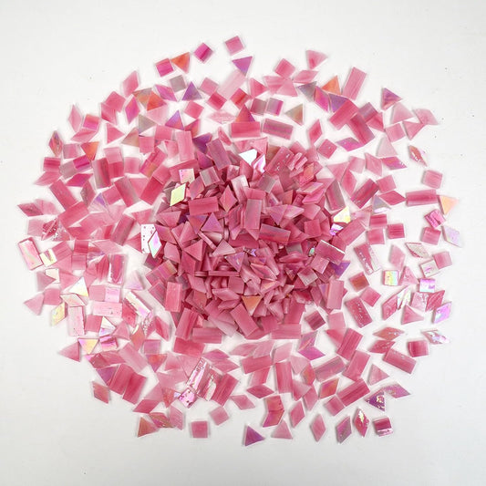 Stained Glass Mosaic Tiles – 300pcs (9 oz) Iridescent Glass Pieces for DIY Crafts, Vase, Mirror Decor (Rainbow Colors) (Pink)