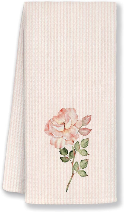 Pink Rose Floral Kitchen Towels 16x24 Inches, Blush Pink and White Striped Flower Botanical Decorative Hand Tea Dish Towels for Girls Bathroom Kitchen