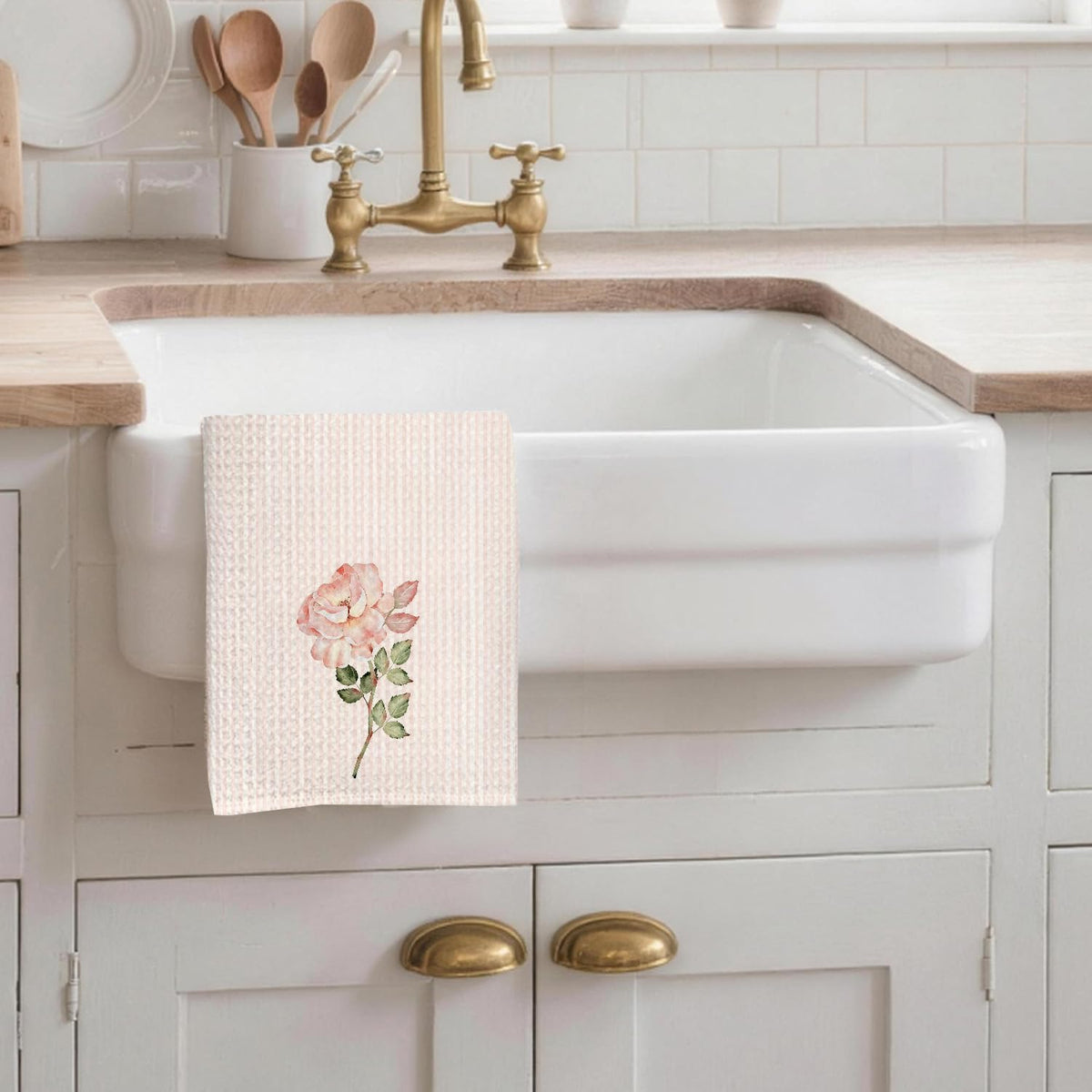 Pink Rose Floral Kitchen Towels 16x24 Inches, Blush Pink and White Striped Flower Botanical Decorative Hand Tea Dish Towels for Girls Bathroom Kitchen