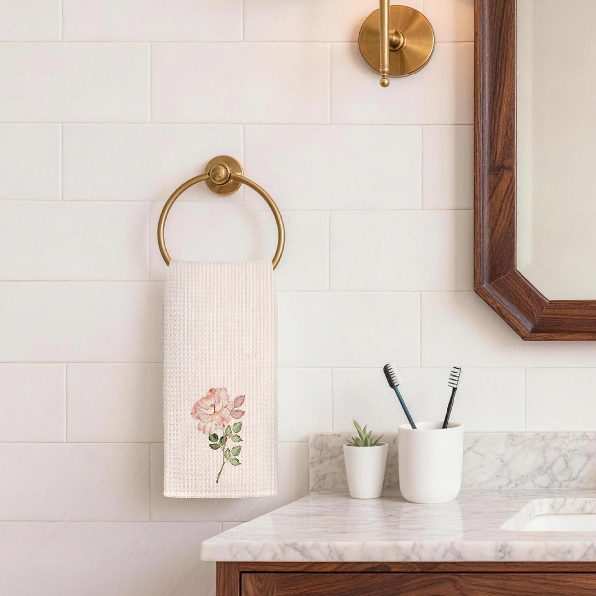 Pink Rose Floral Kitchen Towels 16x24 Inches, Blush Pink and White Striped Flower Botanical Decorative Hand Tea Dish Towels for Girls Bathroom Kitchen